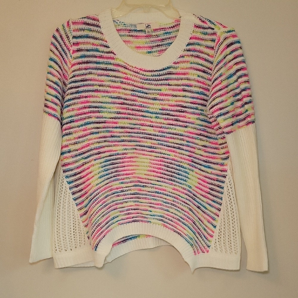 YA Los Angeles Space Dye Open Knit Pullover Sweater White Multi Color Large